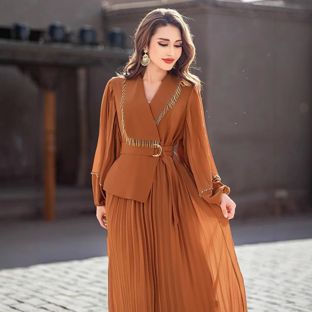 Women's Beading Elegant Luxury Casual Trendy Daily Loose Orange V-neck Long Sleeve Dresses Female Muslim New Fashion Clothes