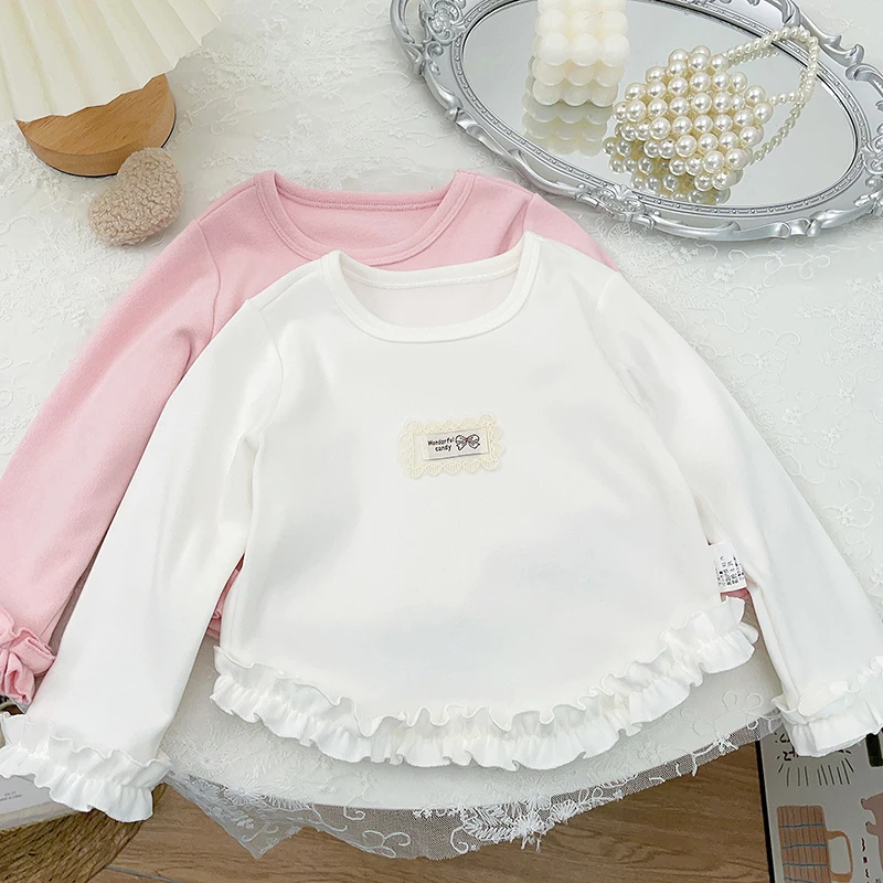 Girls' Long-Sleeved T-Shirt Princess Style Lace Solid Color Bottoming Shirt Spring Children's Round Neck All-Matching Top