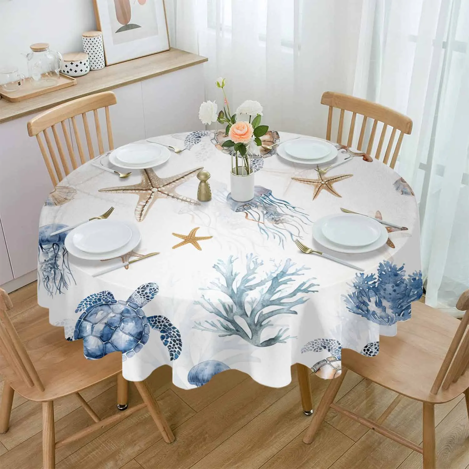 Sea Turtle Coral Jellyfish Round Table Cloth Festival Dining Tablecloth Waterproof Table Cover for Wedding Party Decor