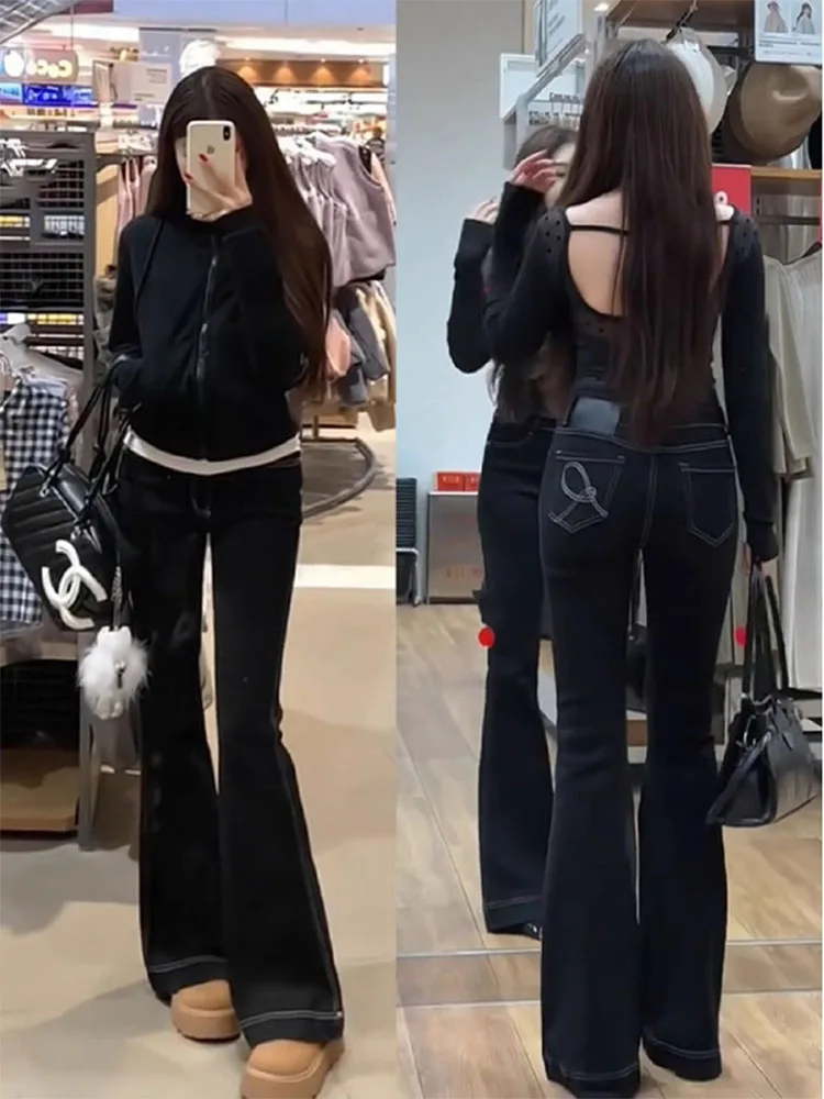 

Джинсы-колокольчики с высокой талией и вышивкой, женские повседневные джинсы с эффектом похудения, большие размеры