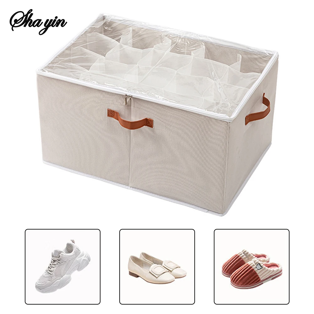 Multifunctional Grid Storage Shoe Box Cross-border Foldable Fabric with Cover Dustproof and Washable Sundries Storage Box