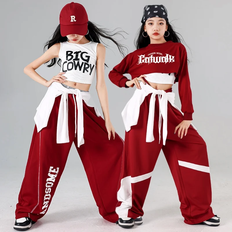 힙합 소녀 패션 의류, 어린이 케이팝 무대 코스튬, 레드 앤 화이트 재즈 댄스 의류, 스트리트 댄스복, 셔플 바지, AMY1372
