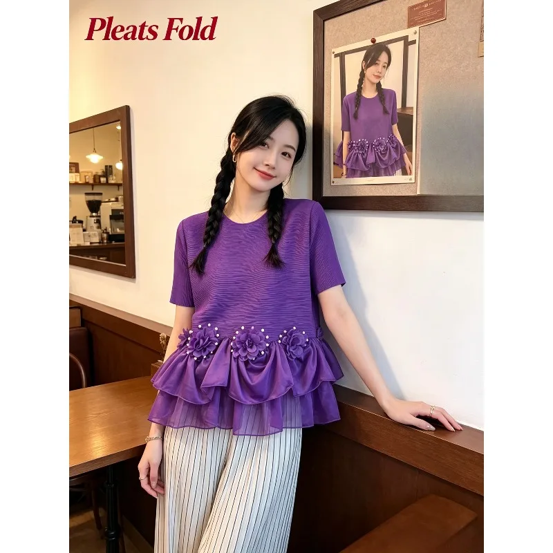 Miyake Pleated 2026 New Original Spring Summer Casual Pleated Short Sleeve 3D Fashion Flower Heavy Craft Flower Flutter Top