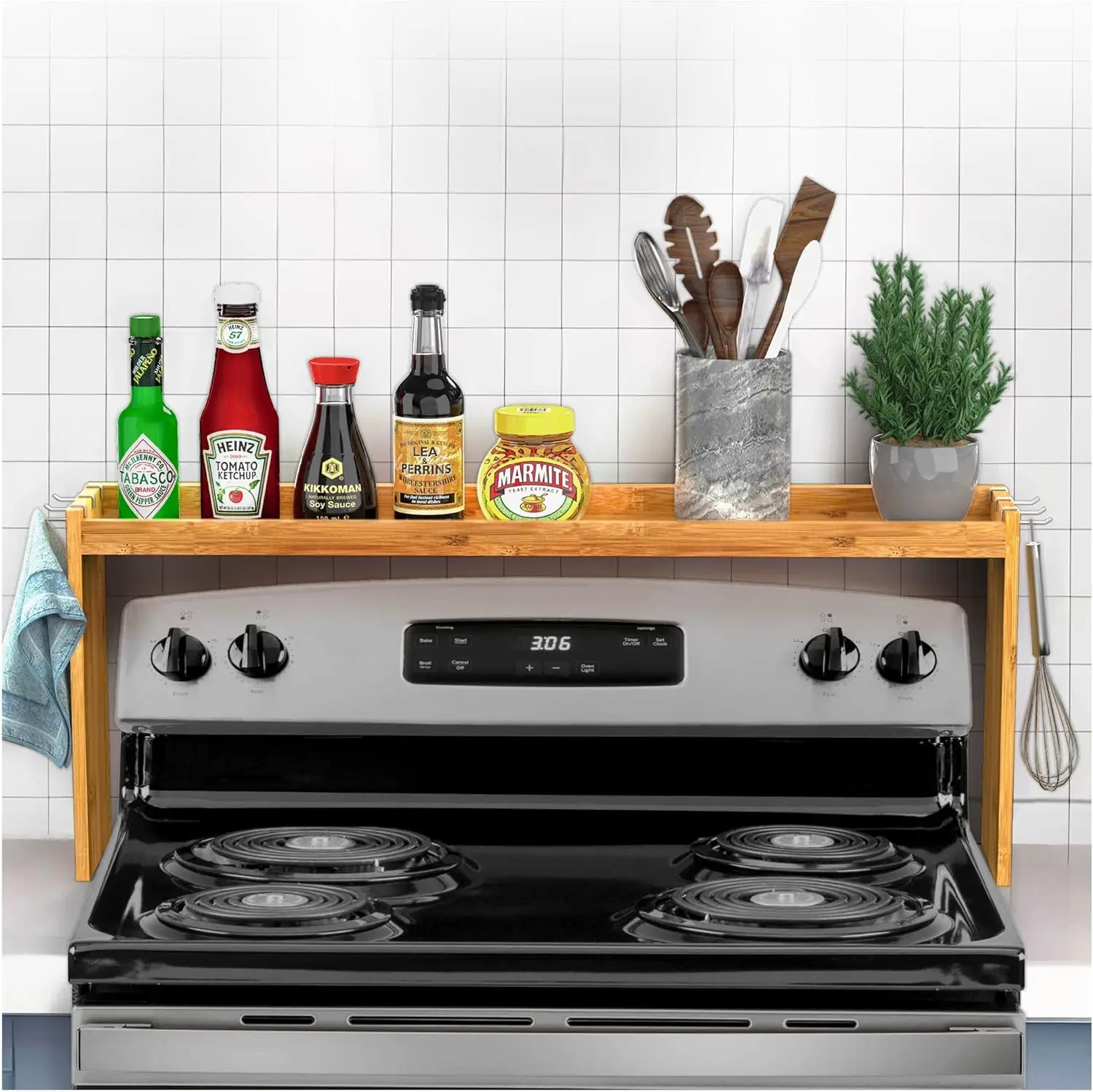 

Бамбуковая полка для специй над плитой с 6 крючками, простая в сборке, кухонный органайзер для дополнительного хранения