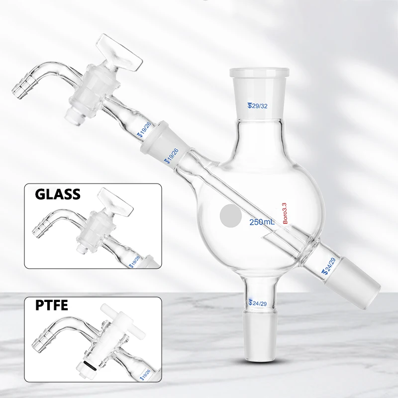 Rotary evaporation bottle 250ml spherical four-neck bottle four-way glass/tetrafluoro piston vent valve feeding pipe