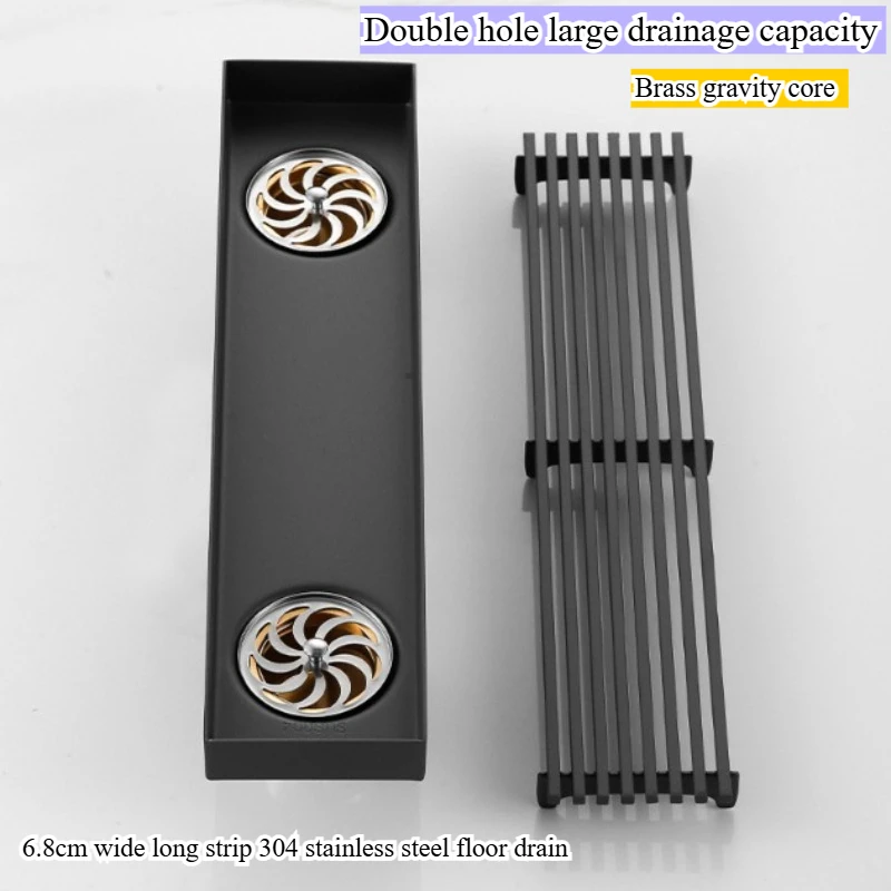 幅68cmの長方形ストリップ、304ステンレス鋼製フロアドレン、大排気量デュアルホール排水銅芯防臭フロアドレン