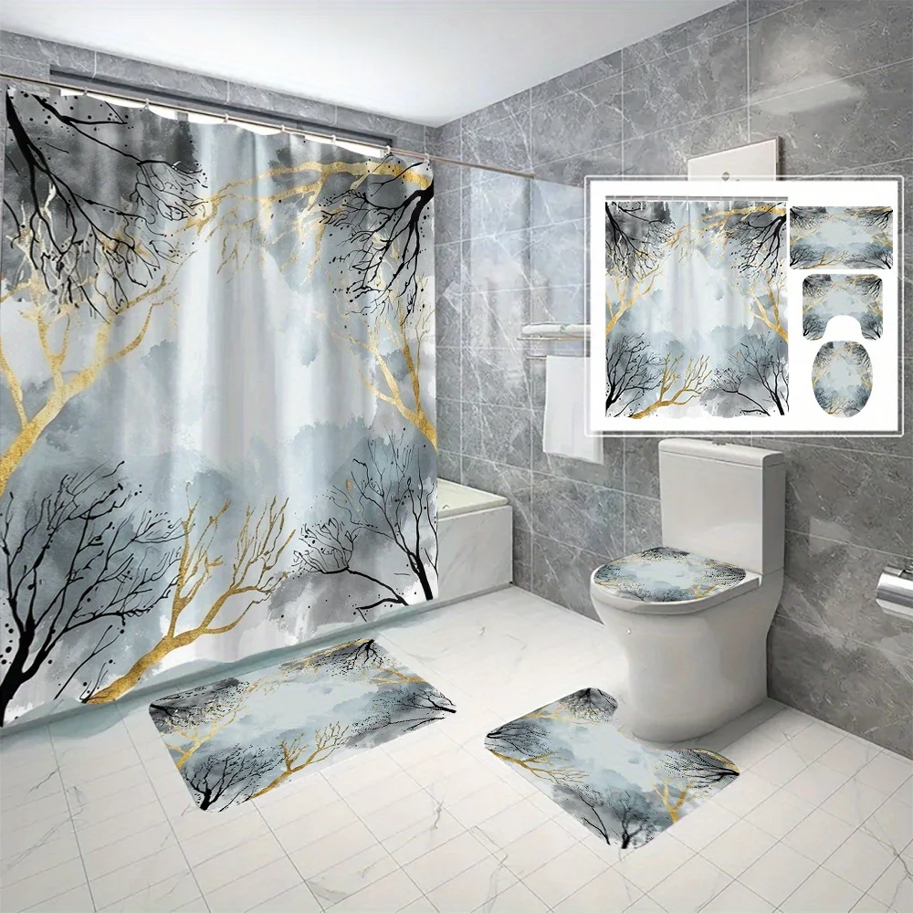 

4pc Waterproof Polyester Shower Curtain Set with Nature Scenery Print - Includes Hooks, Machine Washable, Durable Woven