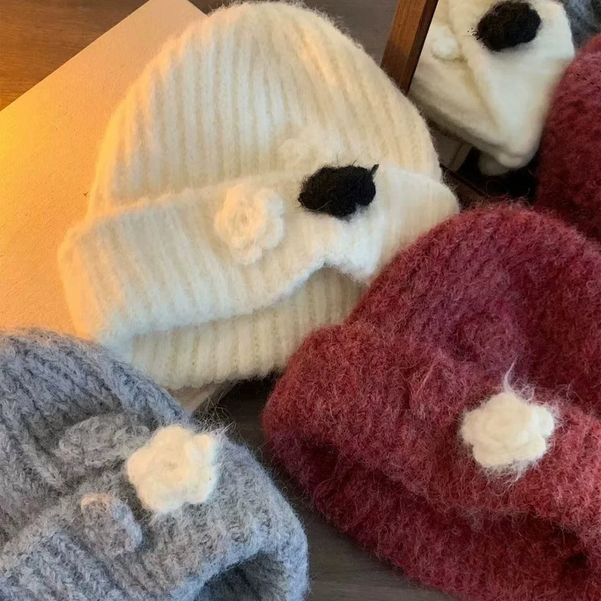 

Женская шерстяная шапка-бини с цветочным узором, теплая зимняя шапка для холодной погоды, утолщенная вязаная шапка для больших размеров головы