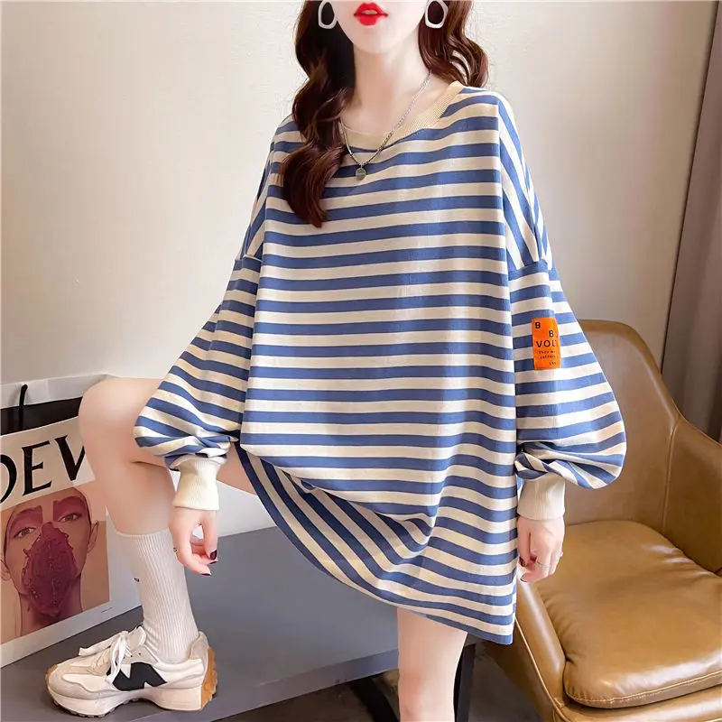 Fashion Printed O-Neck Striped Lantern Sleeve T-Shirt Female Clothing 2023 Autumn New Casual Pullovers All-match Tee Shirt