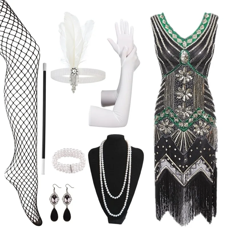 

Вечернее платье для танцев Dr Gatsby с кисточками в стиле ретро 920-х годов и комплект аксессуаров, костюм-хлопушка с блестками, женский традиционный костюм...