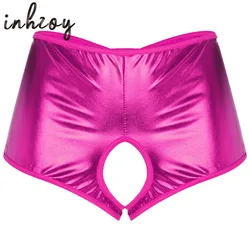 Lencería Sexy metálica para mujer, pantalones cortos de tiro bajo, entrepierna abierta, trasero abierto, ropa interior