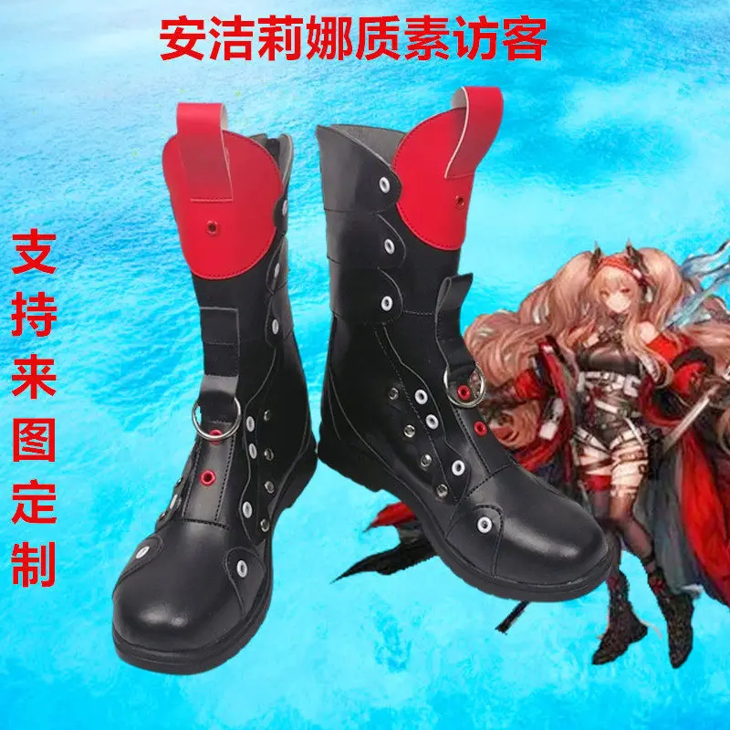 Anime Arknights Angelina Cosplay Shoes Black Short PU Leather Boots For Halloween Carnival