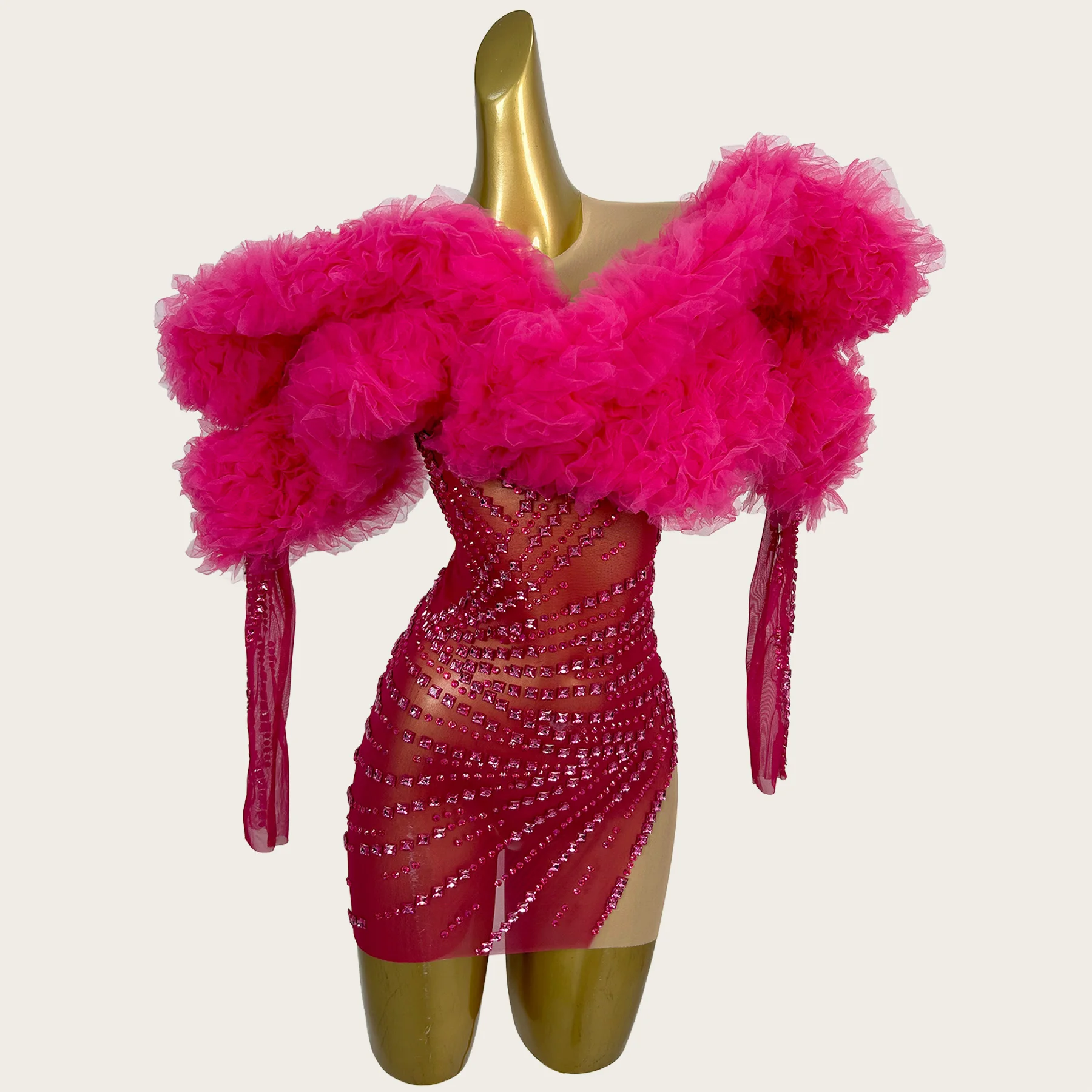 Luxury Sexy Rhinestone Mesh Cocktail Dress Women Birthday Party Costume Fashion Nightclub Celebrity Showgirl Dance Outfit Guose