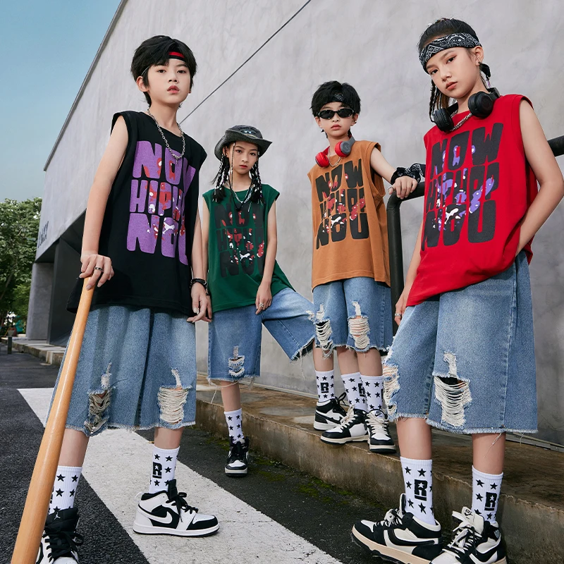 Kids Hip Hop Show Clothing Teenage Street Wear Oversize Sleeveless Tshirt Denim Shorts for Girls Boys Jazz Dance Costume Clothes