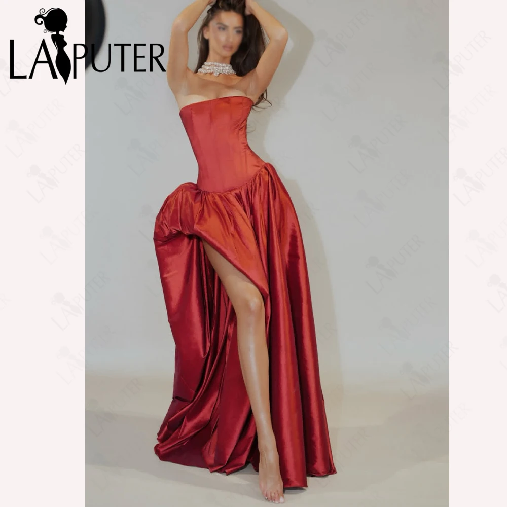 Soft Lustrous Satin Burgundy Prom Dress Boned Bodice Right-Side Raised Slit Fully Exposed Right Leg Sexy A-Line Evening Dress