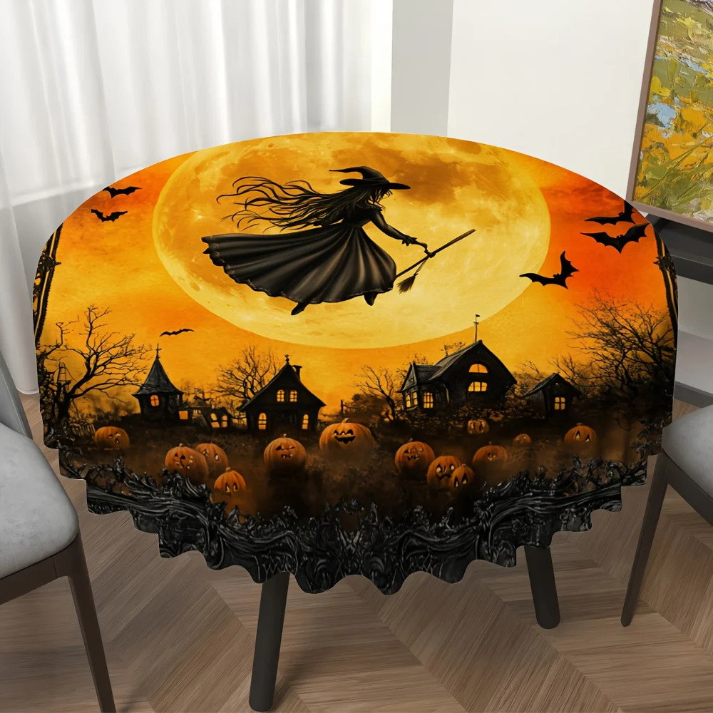 1 piece of Halloween tablecloth - Witch riding a broomstick with a full moon, haunted house and pumpkin lanternszyc