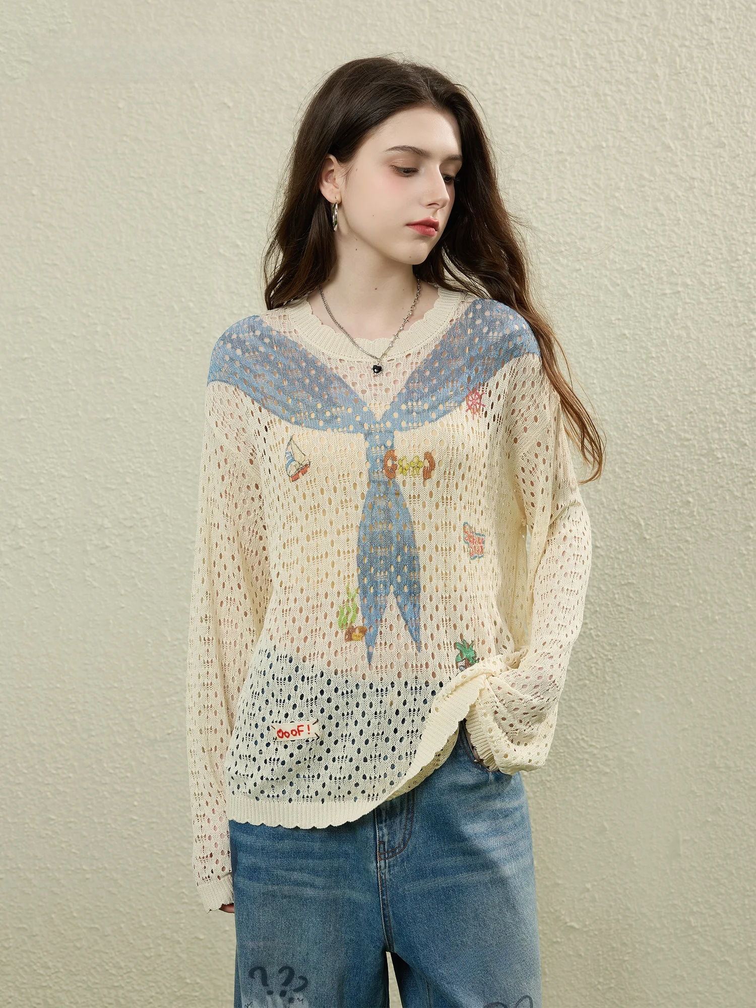 

OoofYang Korean Style Loose Long Sleeve Printed Hollow out Knitted Top Women's Fashion Spring 2026 Knitwear Casual Wear