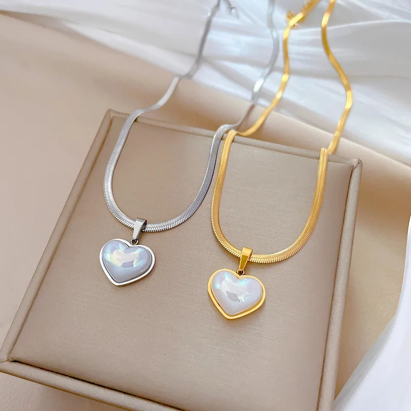 Stainless Steel Sweet Shell Heart Women's Necklaces Gold Color Blade Snake Chain Starfish Stone Pendants Neck Jewelry for Girls