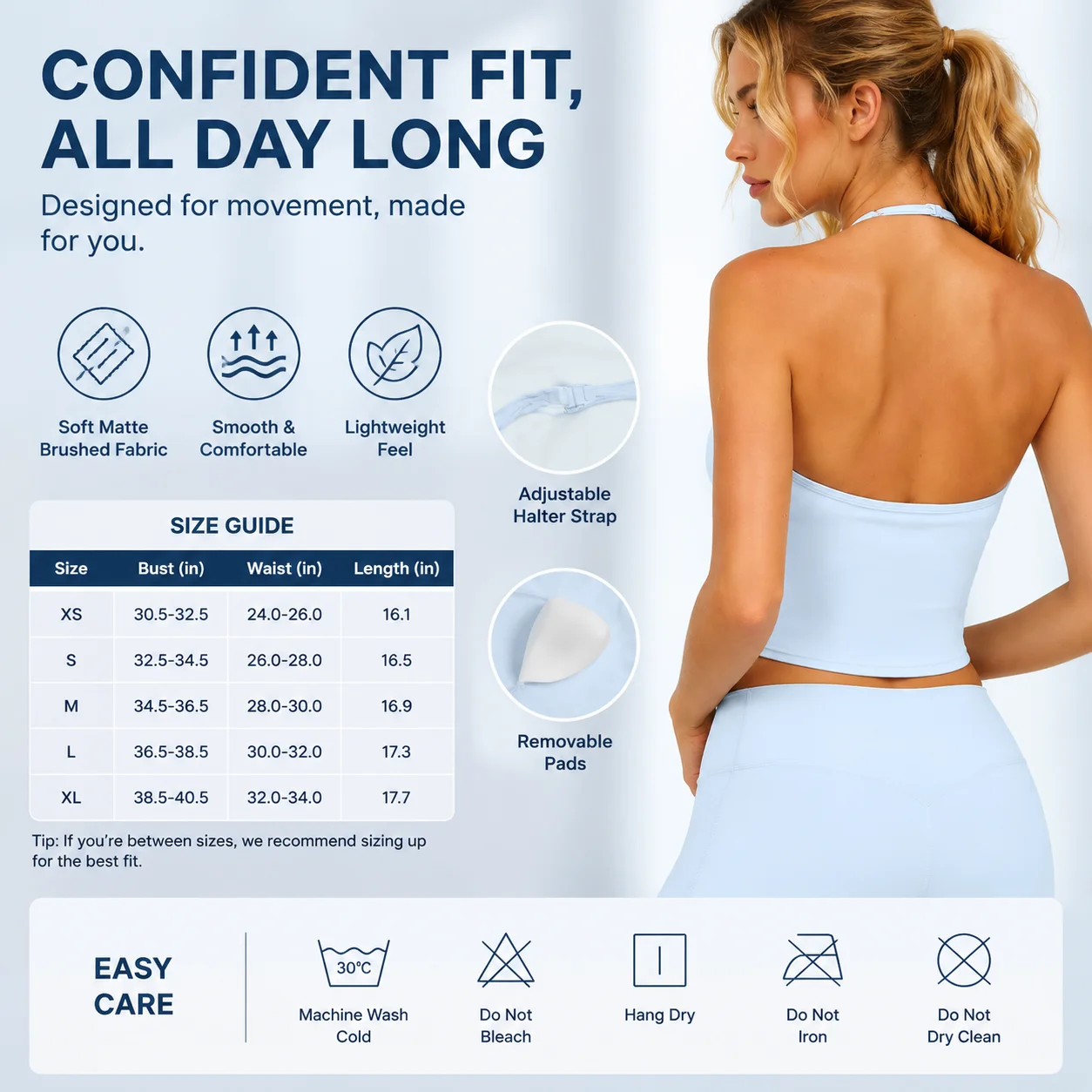Women's Halter V-Neck Longline Sports Bra, Open Back Gym Crop Top, Soft Stretch Workout Yoga Vest with Adjustable Strap
