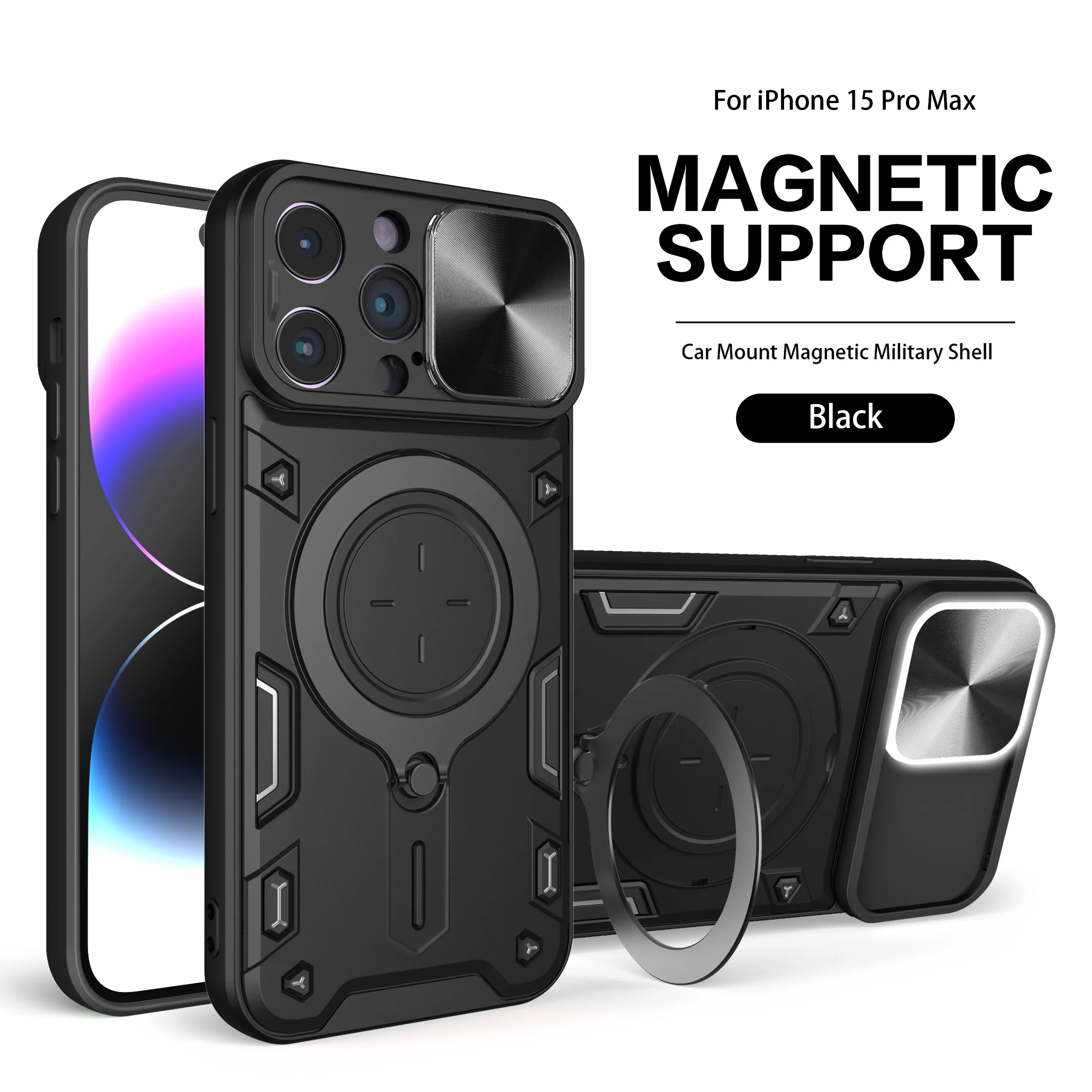 Magsafe Magnetic Case For iPhone 15 14 13 12 11Pro Max Plus XR XS Max 8 7 Slide Camera Build in 360 Degree Rotate Kickstand Case