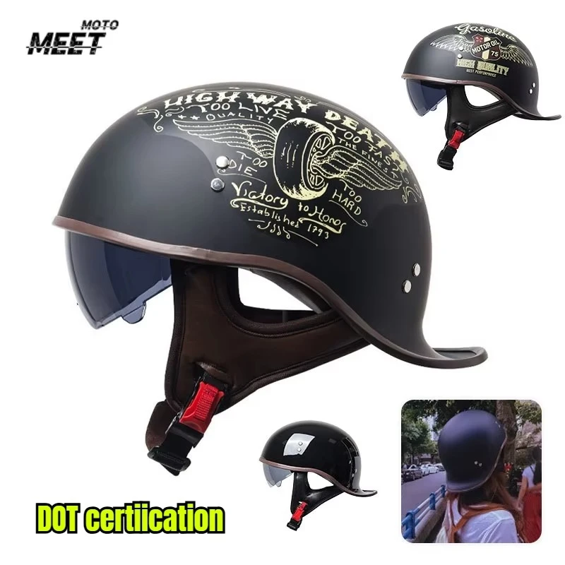 DOT Certiication Motorcycle Helmet Men's Half Helmet Retro Female Electric Car Lightweight Scoop Helmet with Endoscope Capacete
