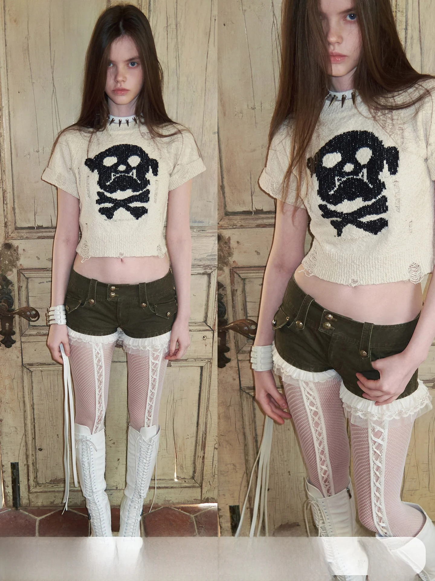 

JINN STUDIO Original Punk Sle Skeleton Doggy Knitted ort Sve Women's T-irt Body Fit Slimming Hole Design Cotton Swe...