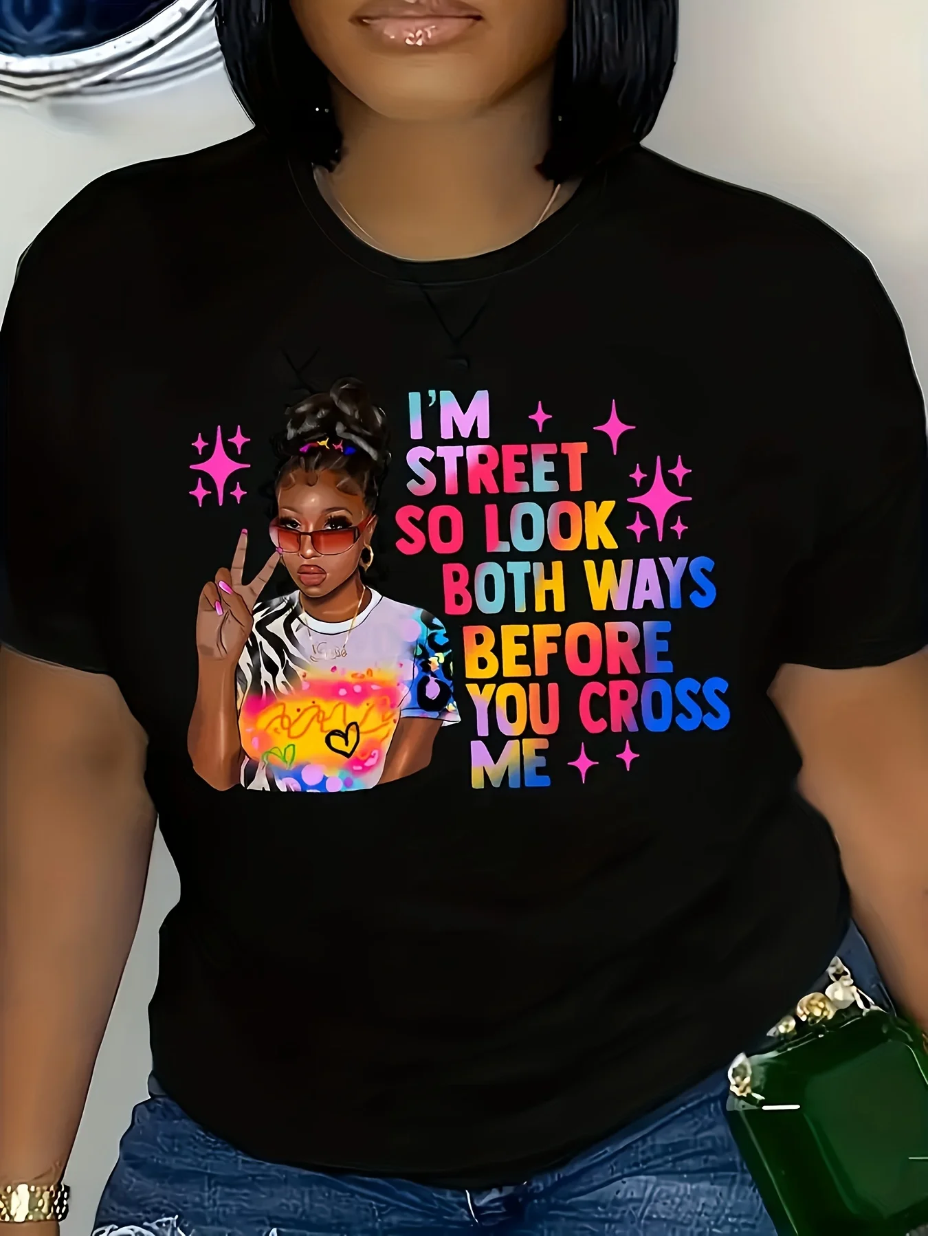 

Plus Size Colorful English Scissorhands Black Sisters Printed T Shirt, Women's Simple Round Neck Comfortable Fashion