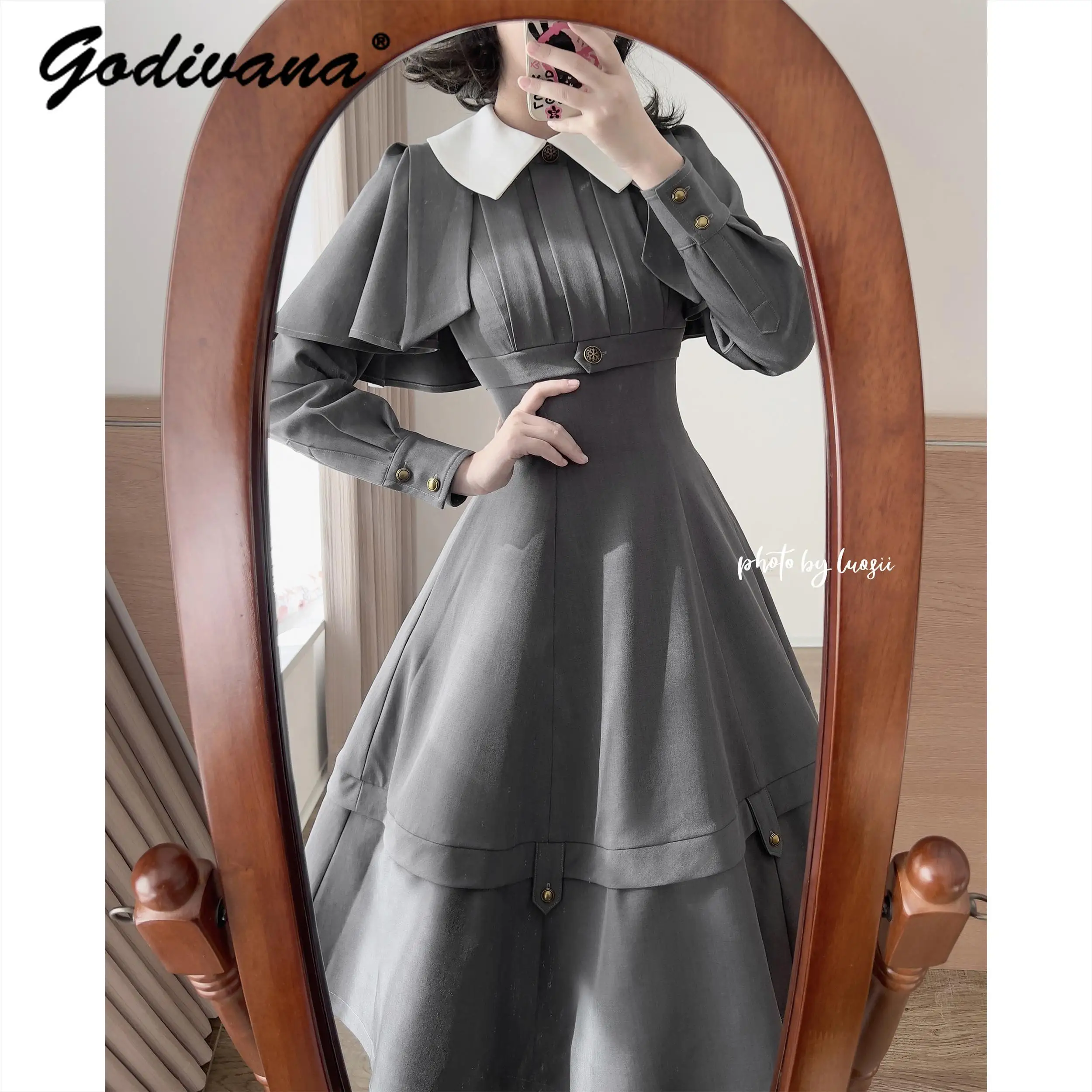 Original Retro Ladies Elegant Classical Autumn and Winter Long Sleeve Cape Dress Solid Color Women's Slim Long Dresses