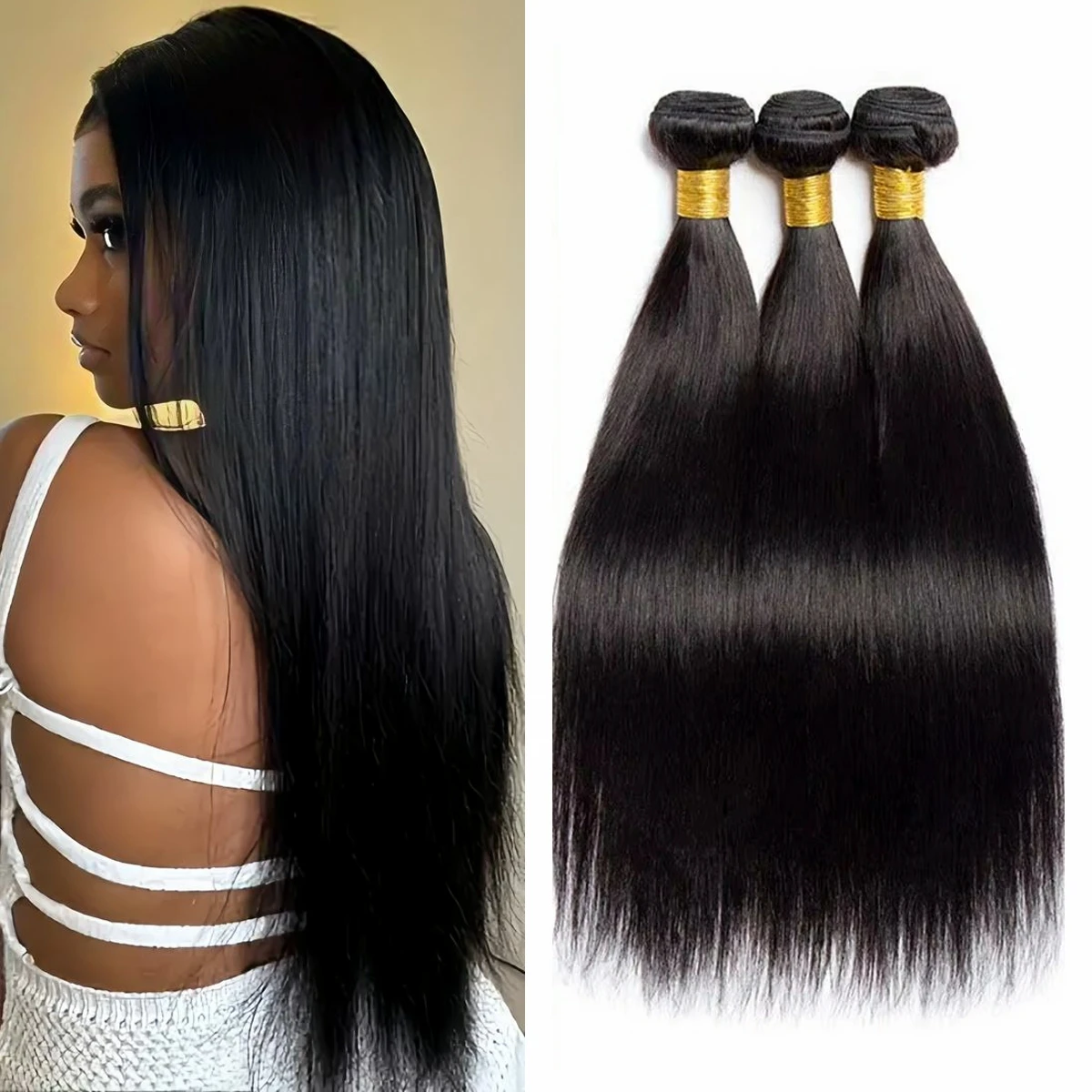 

3 Bundles Straight 100% Human Hair Bundles Unprocessed Virgin Hair 3 Bundles Human Hair Natural Black Weave Hair Extensions