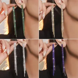 Fashion Long Tassel Rhinestone Drop Earrings for Women Green Blue Gold Silver Color Crystal Dangle Earring Party Wedding Jewelry