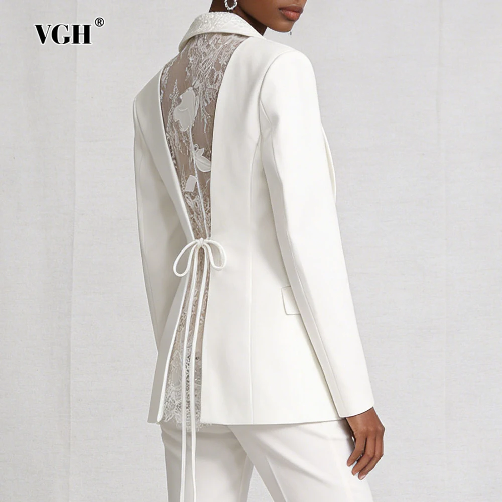 VGH Elegant Solid Spliced Lace Blazers For Women V Neck Long Sleeve Spring Fresh Temperament Slim Jacket Female Fashion Style