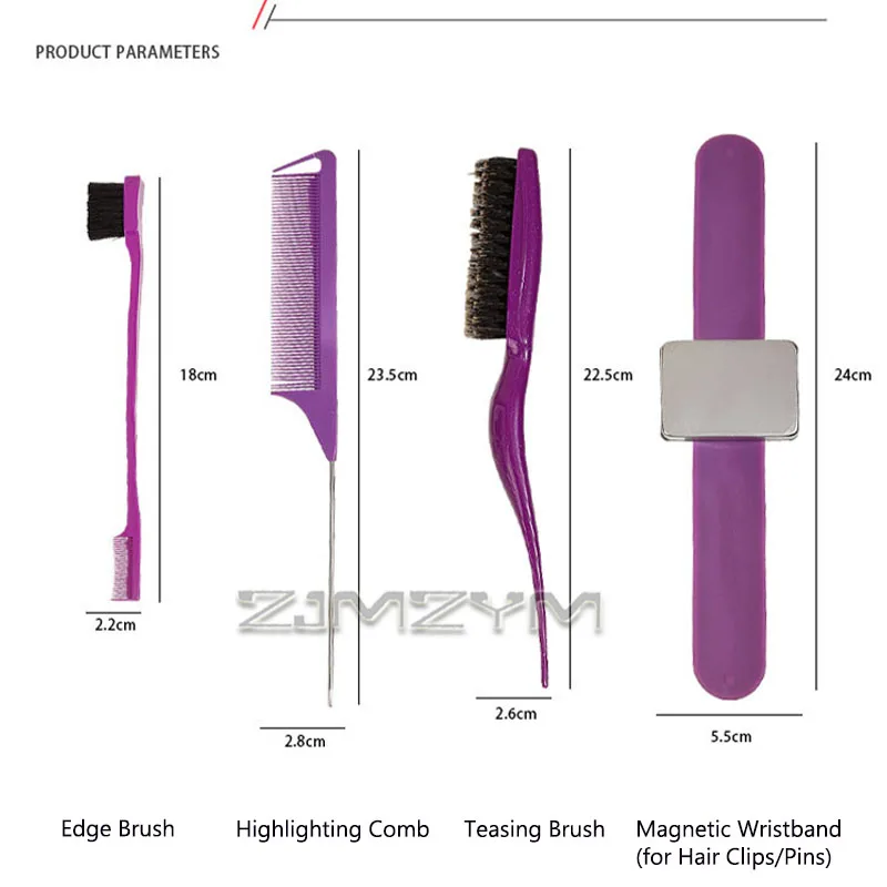 Professional Hair Styling Tool Set 4 Pcs Hairdressing Kit with Edge Brush Highlighting Comb Teasing Brush Magnetic Wristband