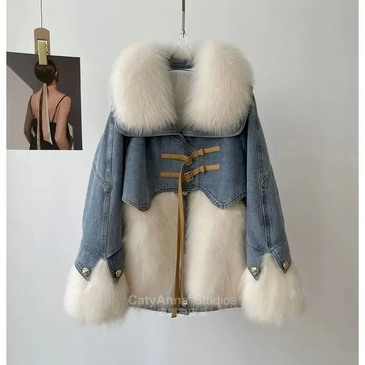 2024 winter fur collar Down inner jeans Parkas women fashion short denim splice imitation fox fur coat female loose Outwear R370