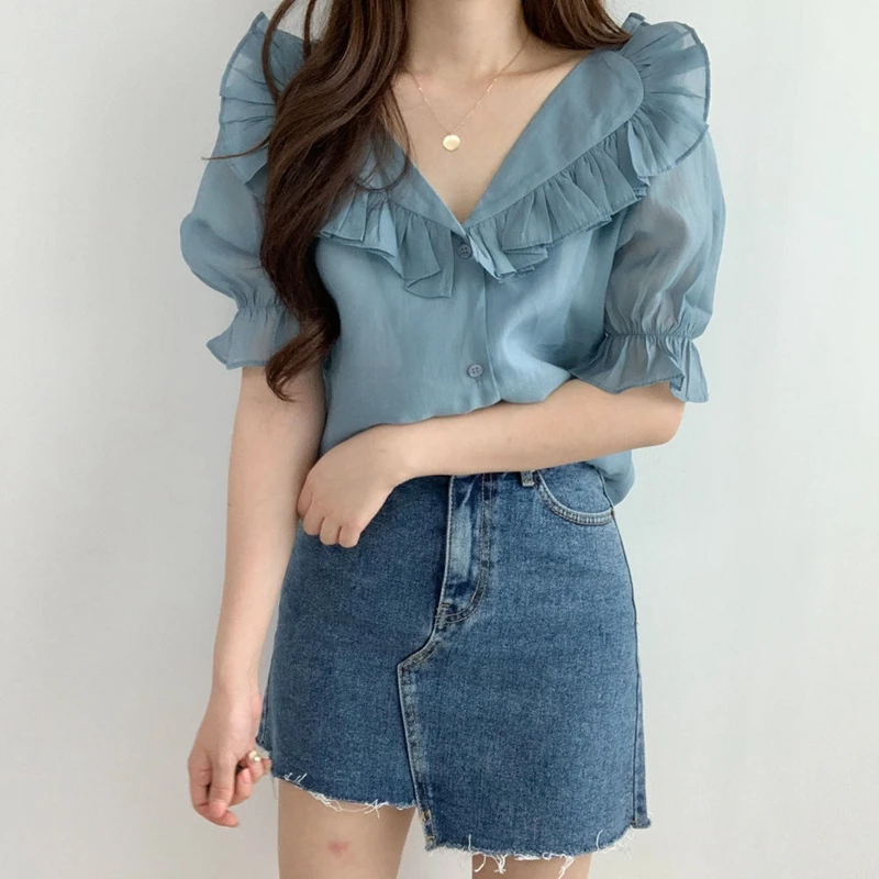 Summer Puff Sleeve Ladies Tops 2024 Vintage V Neck See Through Ruffles Blusa Mujer Korean Casual White Purple Chiffon Blouses