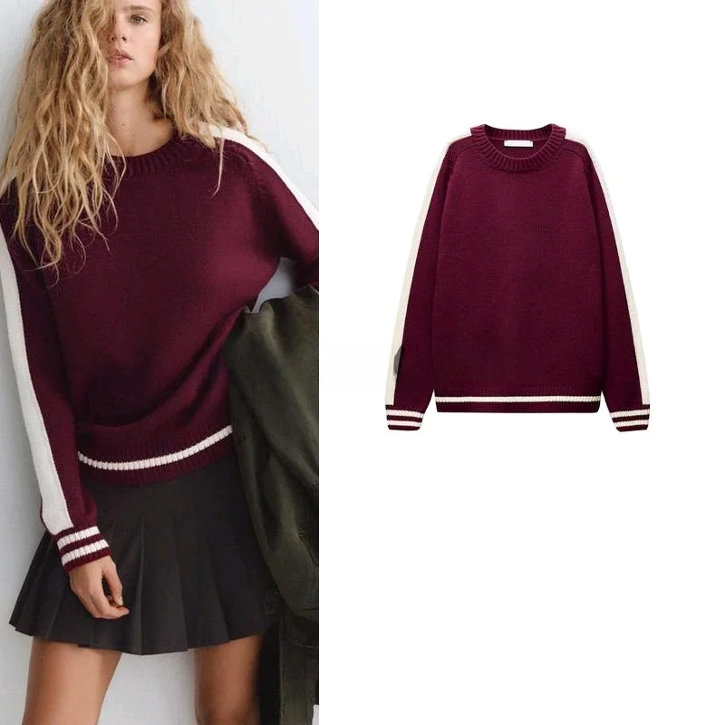 

Simple Knitted round Ne Long Sve Women's Top with Lace Trim Commute Sle Loose Fit Polyester Fiber Spring New Arrival