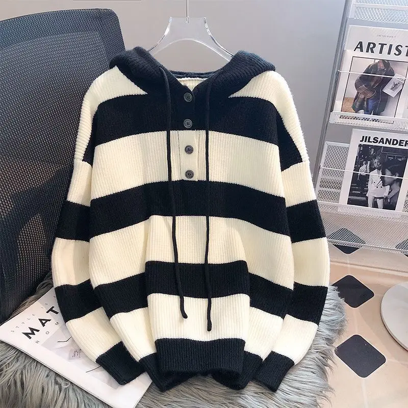 Women\'s Clothing Fashion Loose Striped Hooded Sweaters Autumn Winter Korean All-match Patchwork Long Sleeve Knitted Tops Female