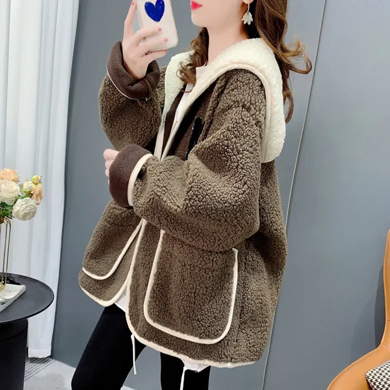 Navy Collar Lambskin Jacket Women's Outwear Autumn Winter New Fashion Loose Long Sleeve Thicke Warm Lambskin Jacket Tops