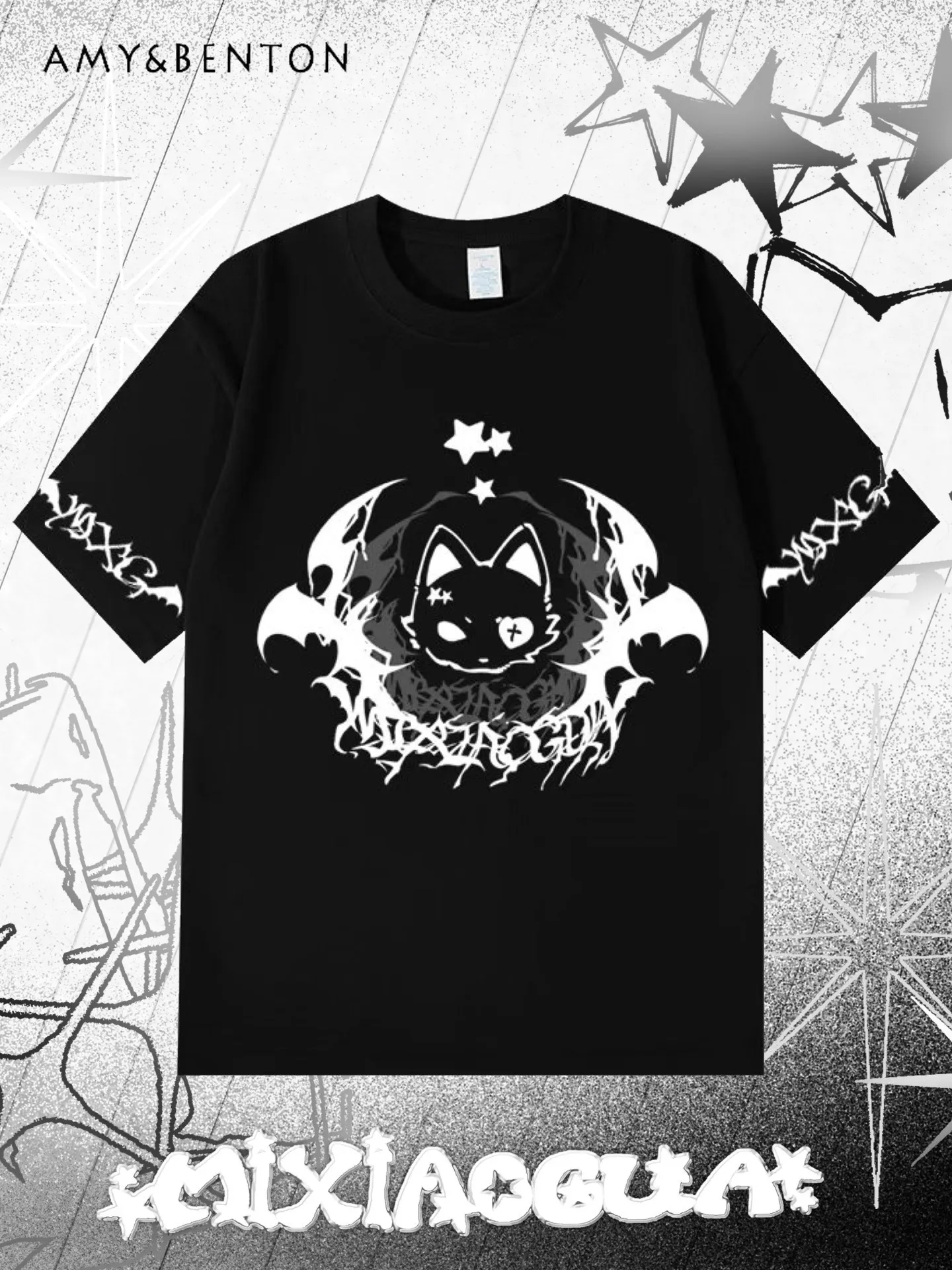

Gothic Punk Cat Moon Print Oversized T-Shirt Women Y2K E-girl Harajuku Style Grunge Alternative Streetwear Short Sleeve Tee