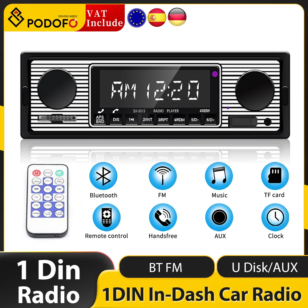 Podofo Car Radio Vintage Dual Knob MP3 Player Digital Bluetooth Audio Music Stereo USB AUX Classic Car retro Audio Receiver