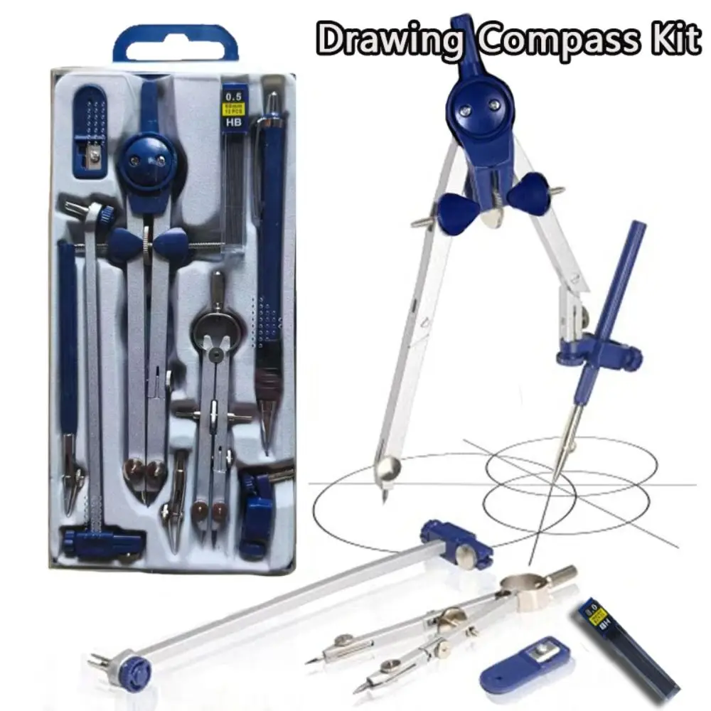 7pcs/Pack Transparent Cover Drawing Compass Kit Measuring Ruler Plastic Drawing Tool Set Mechanical Pencil Stainless steel