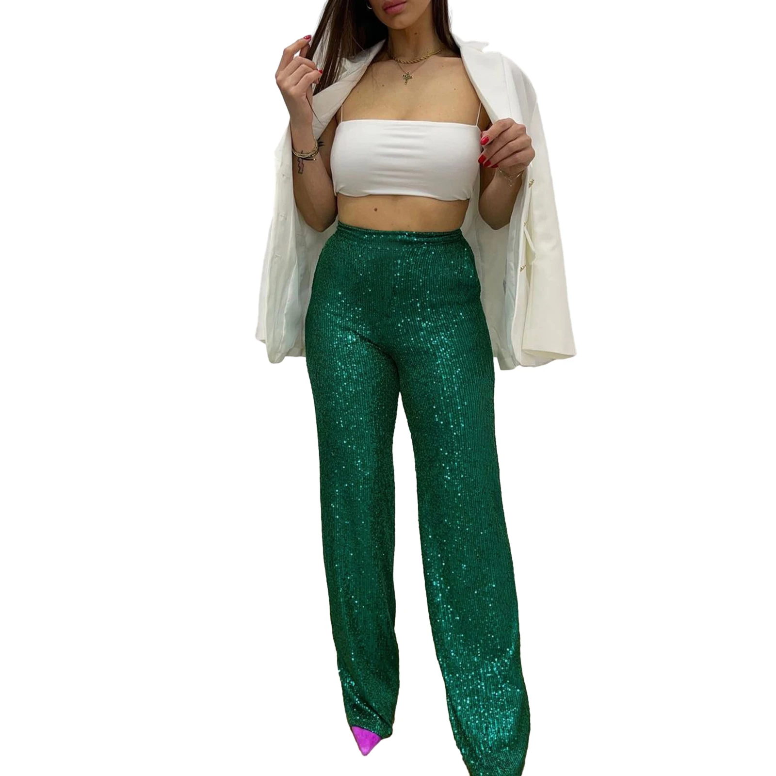 Women Sequins Wide Leg Pants Shiny Loose Casual Elastic High Waist Trousers for Work Office Streetwear