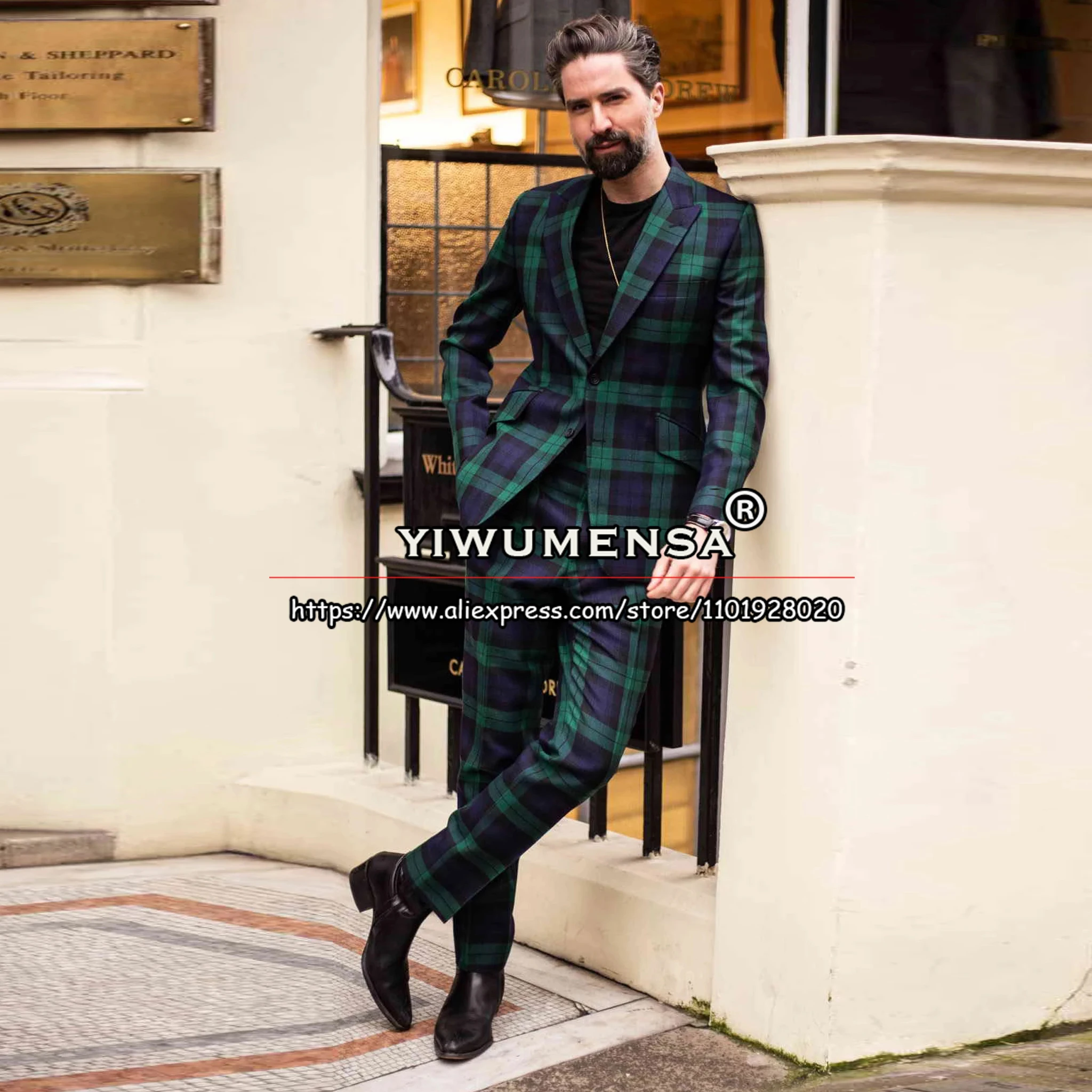 Tailored Made 2 Pieces Suits Men Slim Fit Green Plaid Check Single Breasted Jacket Pants Smoking Business Male Fashion Blazers