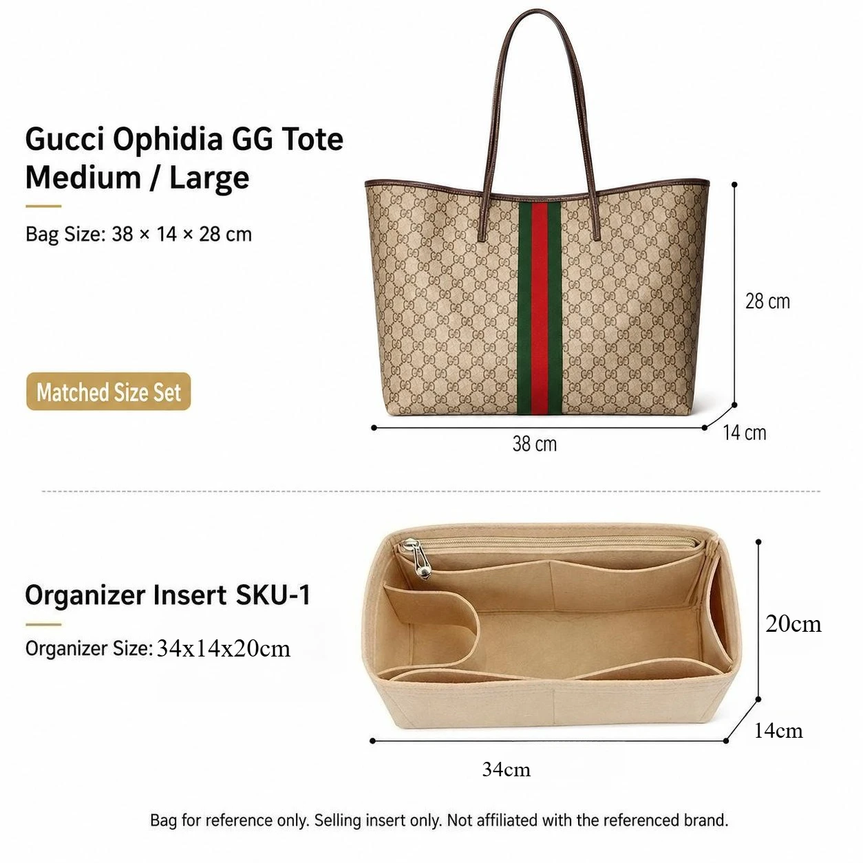 Handbag Organizer Insert Waterproof Felt Tote Liner With Zipper Cup Holder Laptop Sleeve Compatible With Gucci Ophidia GG Tote