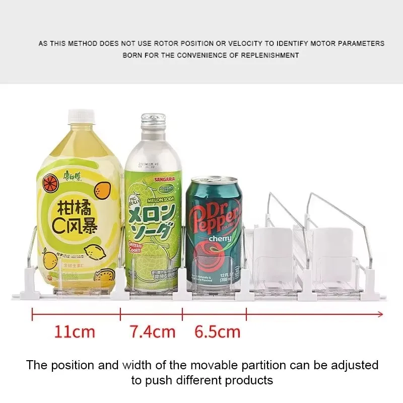 Drink Organizer Dispenser Spring Push Can Shelf Pusher Adjustable Width Soda Can Bottle Pusher E-shaped Glide for Kitchen Fridge
