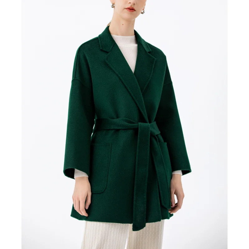 

Casual Women Water Ripple Double-sided Cashmere Wool Coat Midi Bathrobe Lapel Neck Fashion Temperament Autumn Winter Warm Jacket