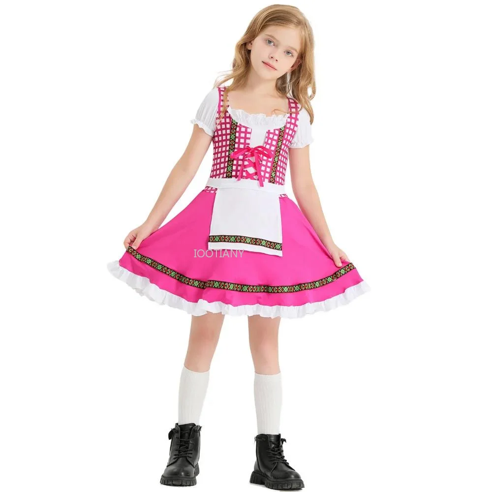 

Children German Traditional Oktoberfest Costume Plaid Print Dress Bavaria Traditional Beer Wench Maid Cosplay National Costume