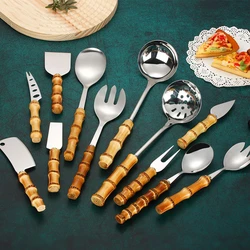 Natural bamboo handle stainless steel frying shovel Japanese-style soup spoon Creative new colander shovel kitchen utensils set