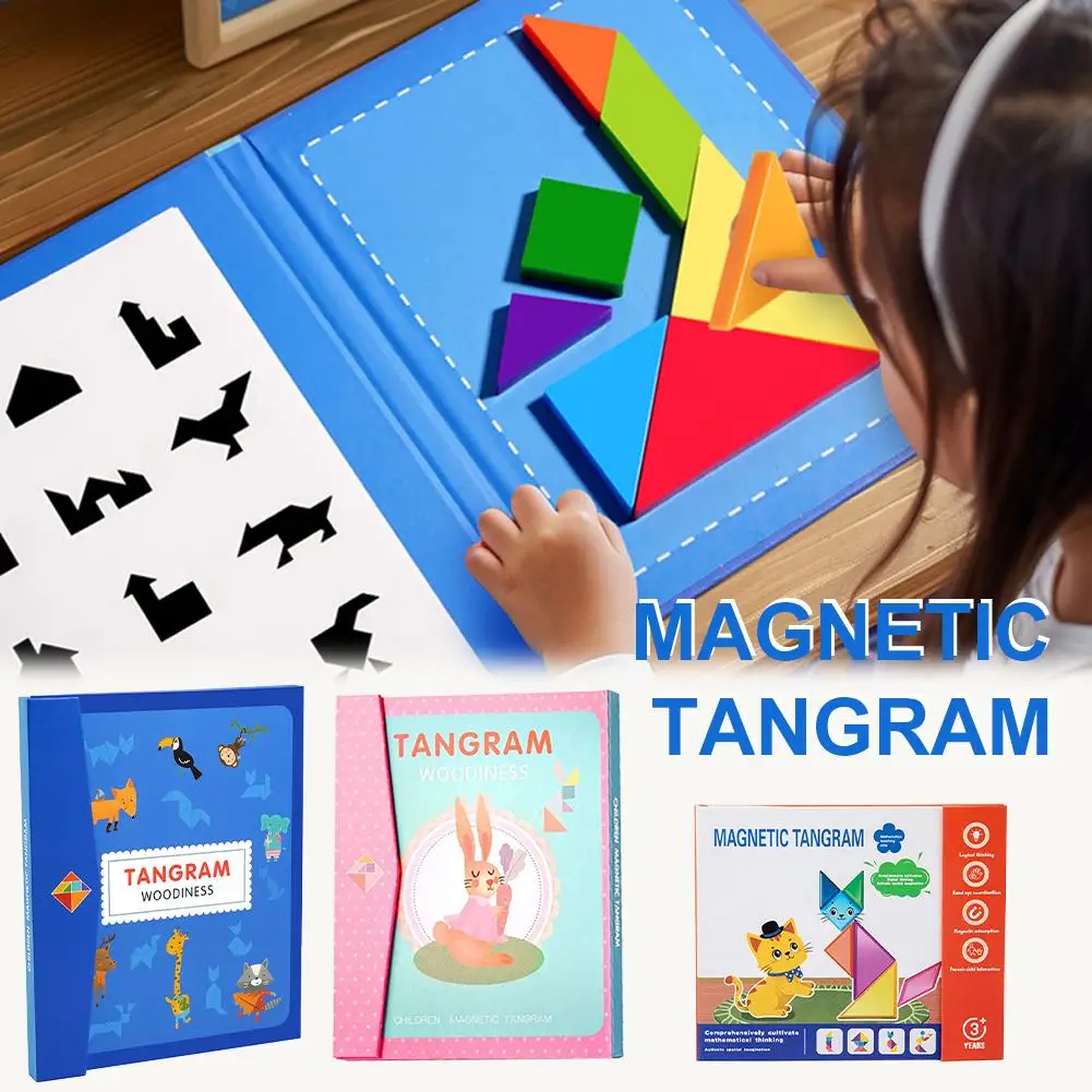 Wooden Jigsaw Magnetic Tangram Puzzle Book Educational Toys For Children Baby Kid Portable Montessori Learning Intelligence