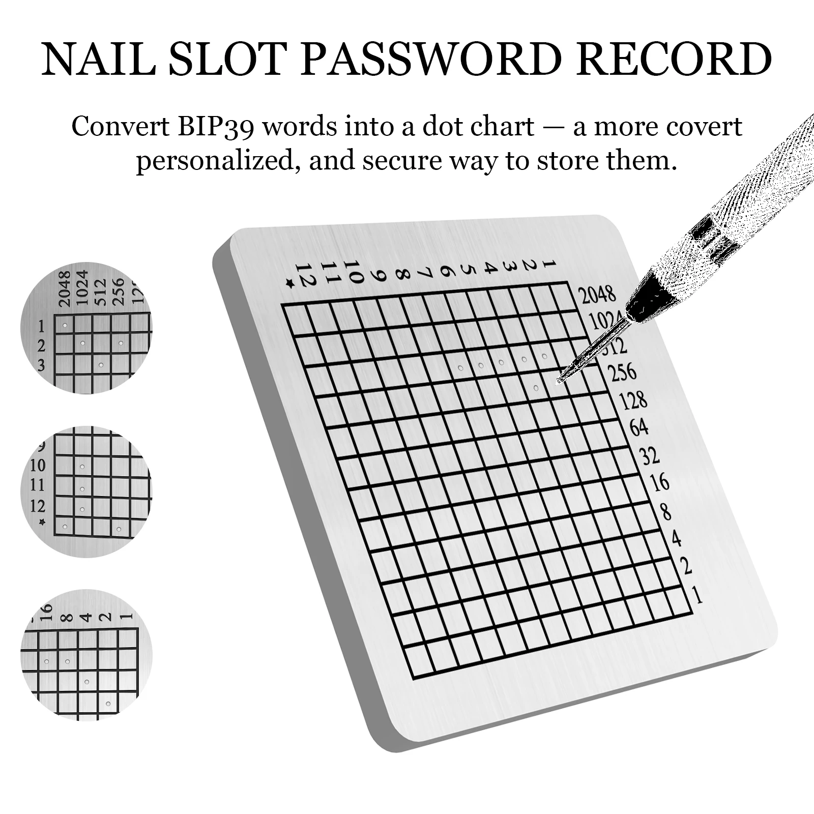 احتياطية معدنية لعبارة البذور - محفظة باردة مشفرة، كلمات استعادة BIP39 مخزنة بأمان كخريطة نقطية