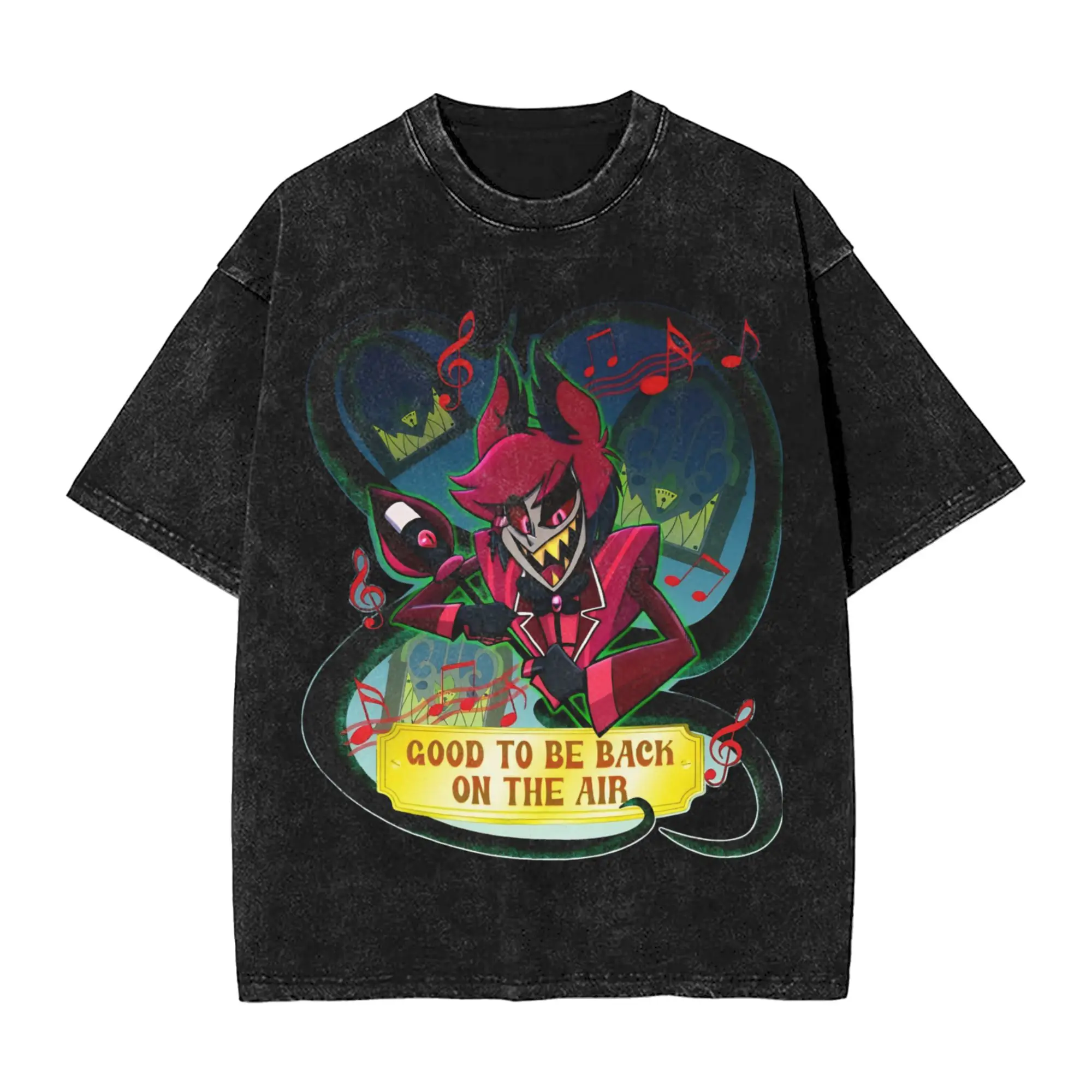 الرجال النساء خمر غسلها تي شيرت Alastor راديو شيطان Hazbines الفنادق طباعة تي شيرت الملابس كبيرة الحجم تي شيرت